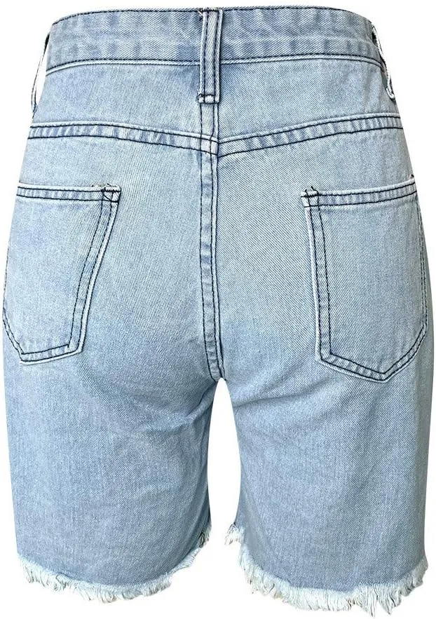 Summer Jean Shorts for Women Sexy High Waisted Ripped Destroyed Frayed Raw Hem Denim Shorts with Pockets