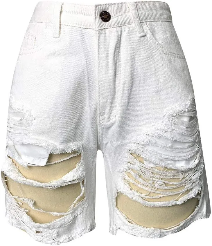 Summer Jean Shorts for Women Sexy High Waisted Ripped Destroyed Frayed Raw Hem Denim Shorts with Pockets