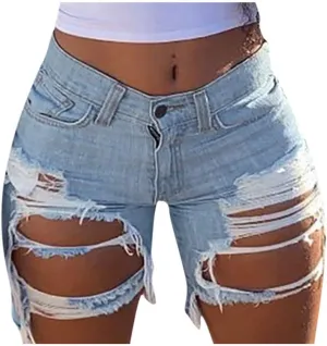 Summer Jean Shorts for Women Sexy High Waisted Ripped Destroyed Frayed Raw Hem Denim Shorts with Pockets