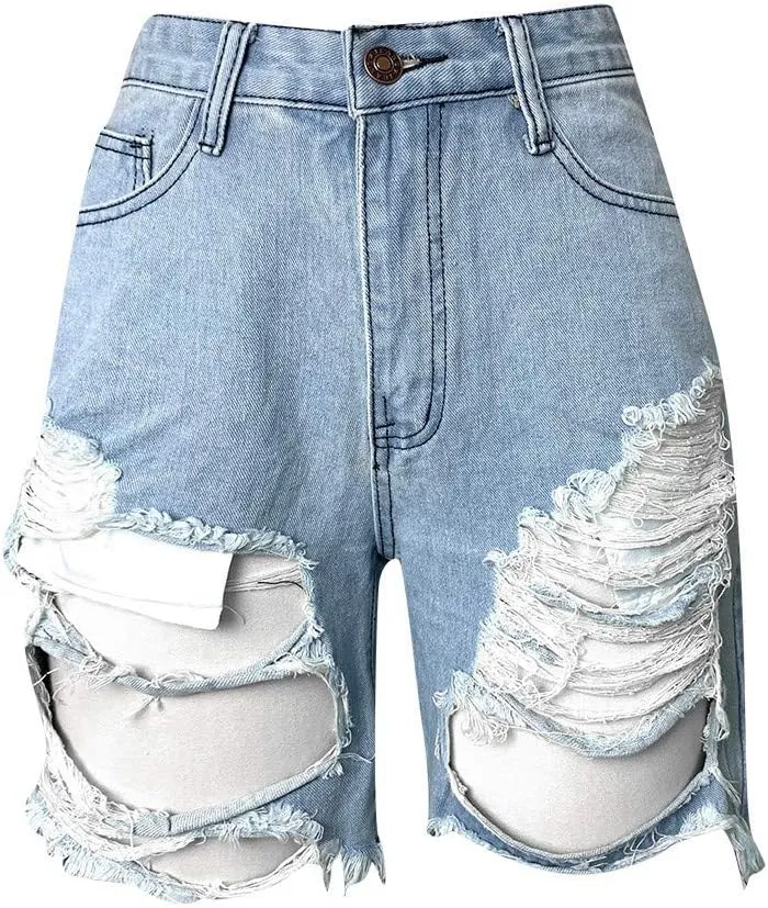 Summer Jean Shorts for Women Sexy High Waisted Ripped Destroyed Frayed Raw Hem Denim Shorts with Pockets