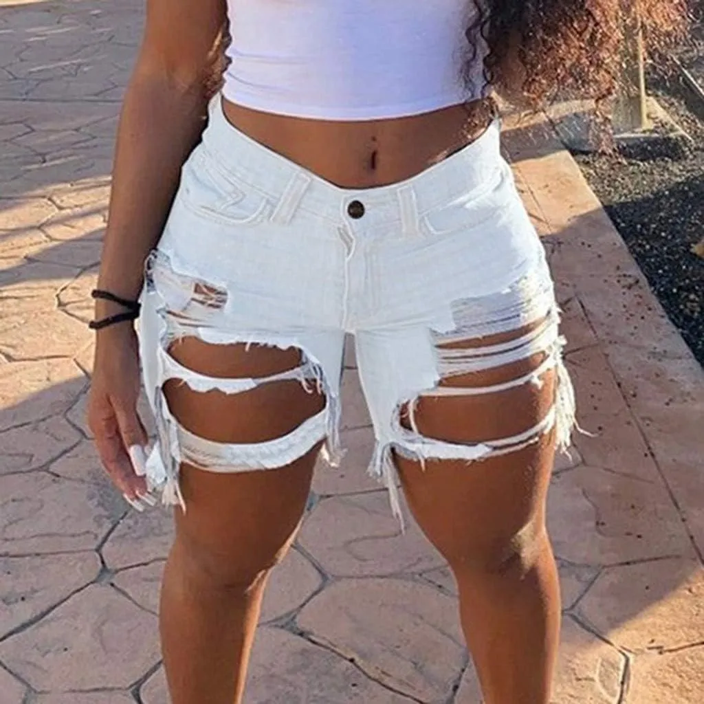 Summer Jean Shorts for Women Sexy High Waisted Ripped Destroyed Frayed Raw Hem Denim Shorts with Pockets