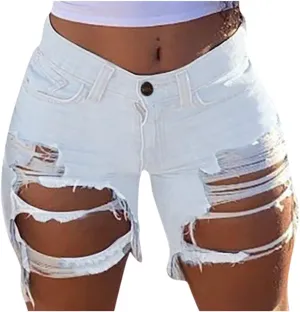 Summer Jean Shorts for Women Sexy High Waisted Ripped Destroyed Frayed Raw Hem Denim Shorts with Pockets
