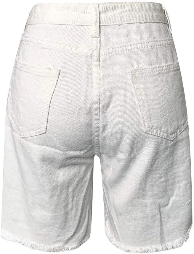 Summer Jean Shorts for Women Sexy High Waisted Ripped Destroyed Frayed Raw Hem Denim Shorts with Pockets