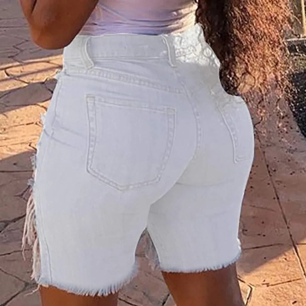 Summer Jean Shorts for Women Sexy High Waisted Ripped Destroyed Frayed Raw Hem Denim Shorts with Pockets
