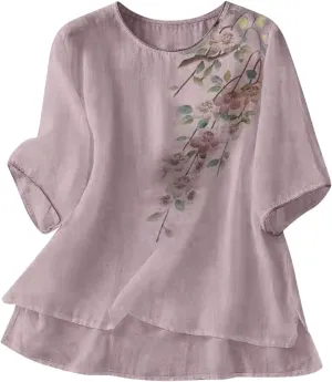 Summer Mexican Embroidered Shirts Women's Peasant Tops Loose Cotton Linen Short Sleeve Bohemian Blouses Tees