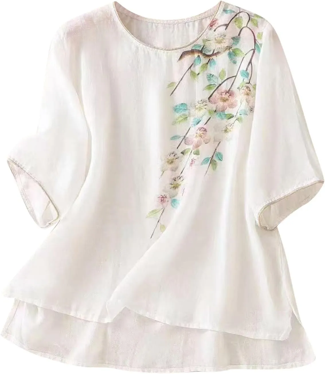 Summer Mexican Embroidered Shirts Women's Peasant Tops Loose Cotton Linen Short Sleeve Bohemian Blouses Tees