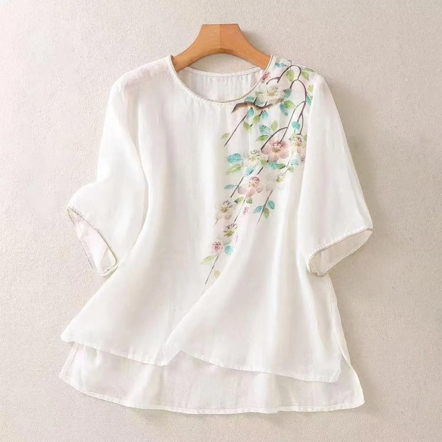 Summer Mexican Embroidered Shirts Women's Peasant Tops Loose Cotton Linen Short Sleeve Bohemian Blouses Tees
