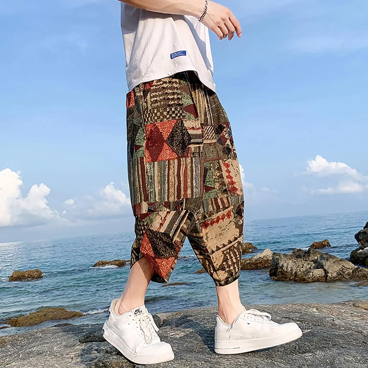 SUWBMHWE Mens Elastic Waist Pants, Men's Cotton-Linen Loose Casual Lightweight Elastic Waist Pants Home Pants