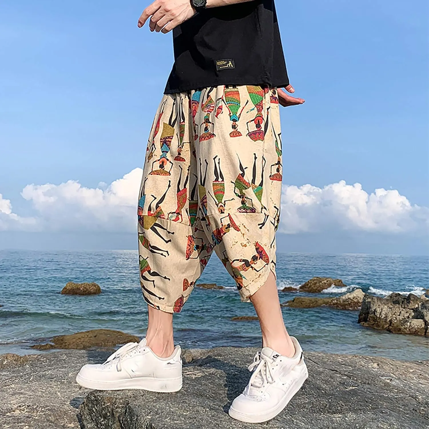 SUWBMHWE Mens Elastic Waist Pants, Men's Cotton-Linen Loose Casual Lightweight Elastic Waist Pants Home Pants
