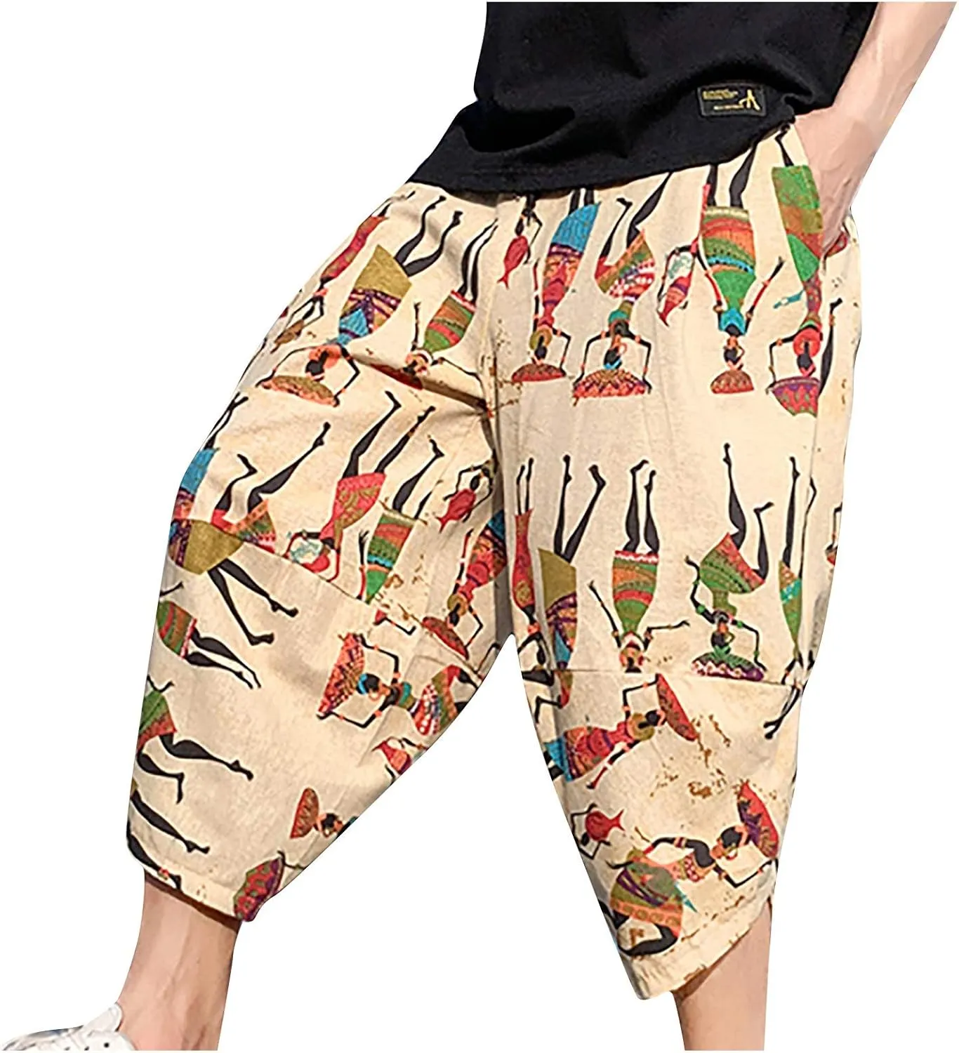 SUWBMHWE Mens Elastic Waist Pants, Men's Cotton-Linen Loose Casual Lightweight Elastic Waist Pants Home Pants