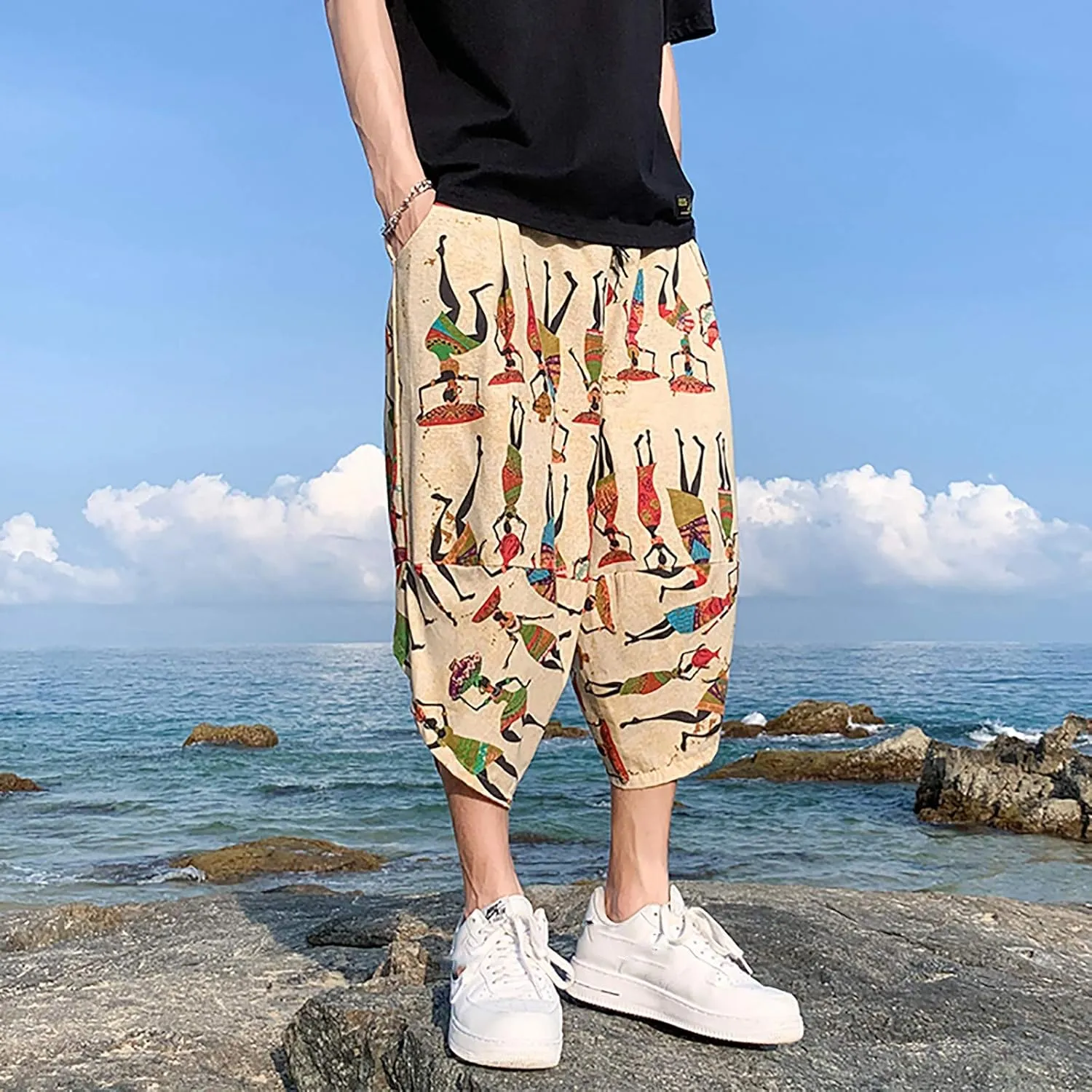 SUWBMHWE Mens Elastic Waist Pants, Men's Cotton-Linen Loose Casual Lightweight Elastic Waist Pants Home Pants