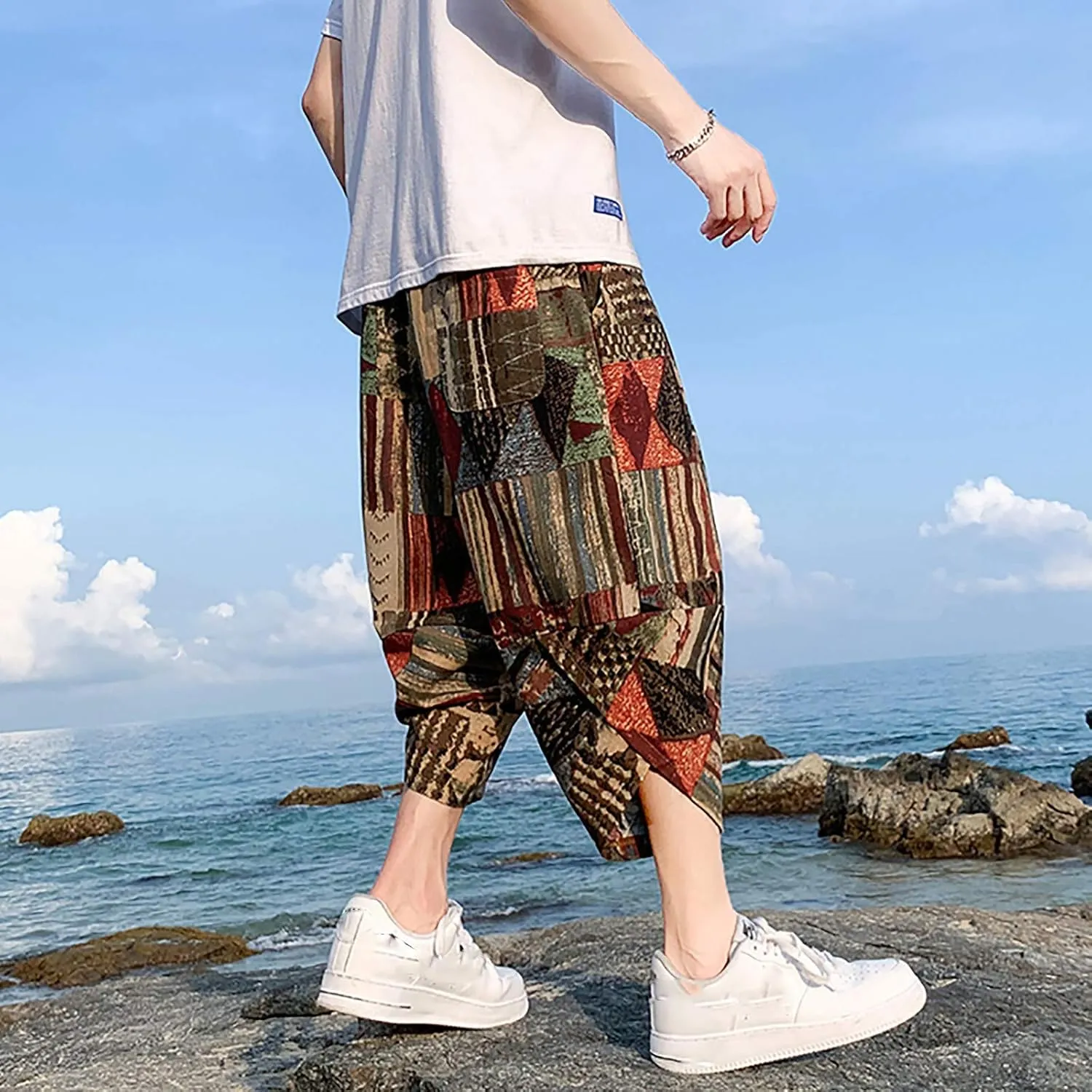 SUWBMHWE Mens Elastic Waist Pants, Men's Cotton-Linen Loose Casual Lightweight Elastic Waist Pants Home Pants