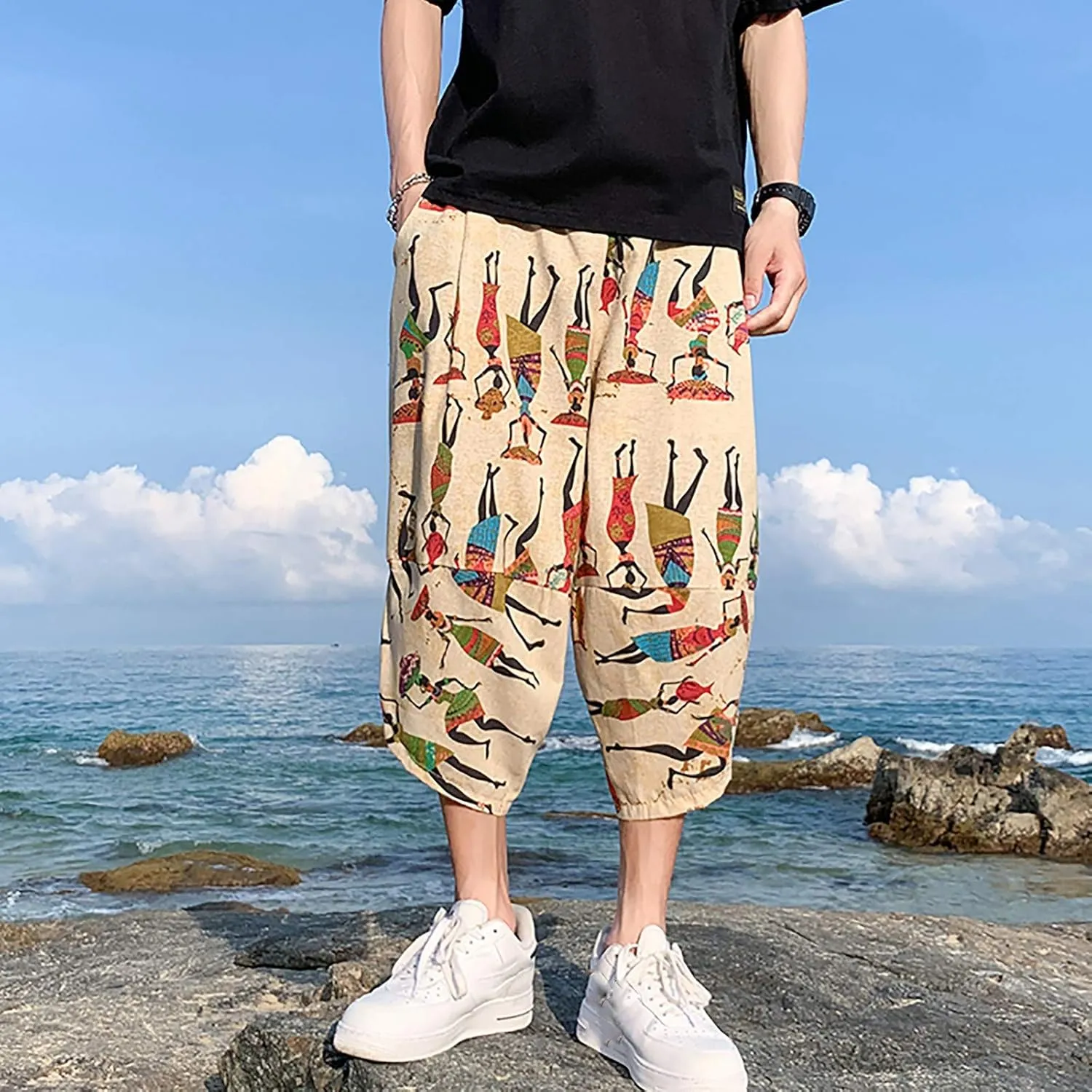 SUWBMHWE Mens Elastic Waist Pants, Men's Cotton-Linen Loose Casual Lightweight Elastic Waist Pants Home Pants