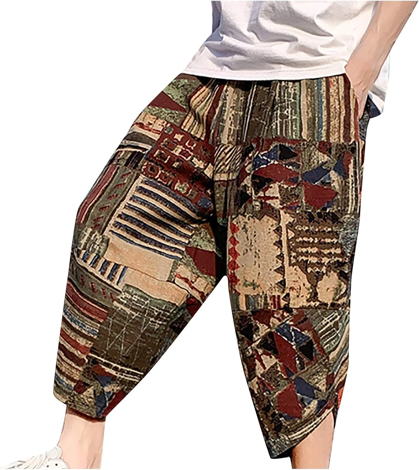 SUWBMHWE Mens Elastic Waist Pants, Men's Cotton-Linen Loose Casual Lightweight Elastic Waist Pants Home Pants
