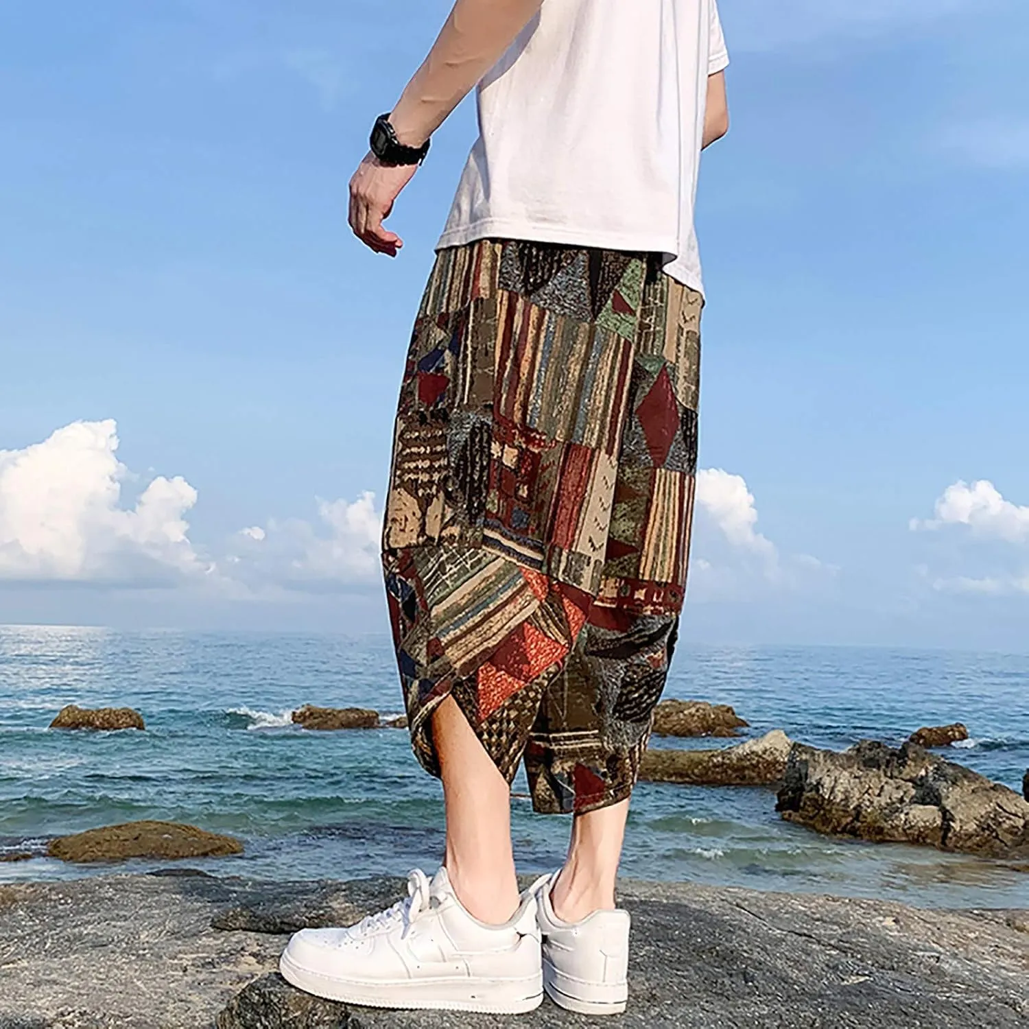 SUWBMHWE Mens Elastic Waist Pants, Men's Cotton-Linen Loose Casual Lightweight Elastic Waist Pants Home Pants