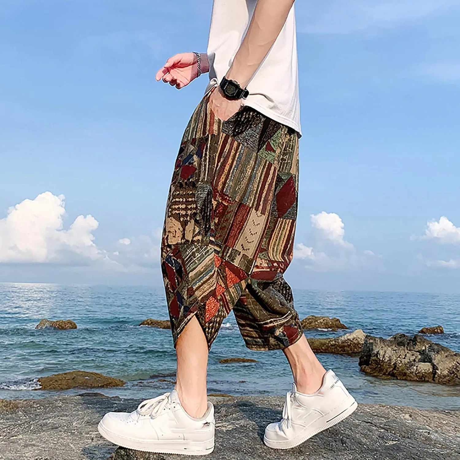 SUWBMHWE Mens Elastic Waist Pants, Men's Cotton-Linen Loose Casual Lightweight Elastic Waist Pants Home Pants