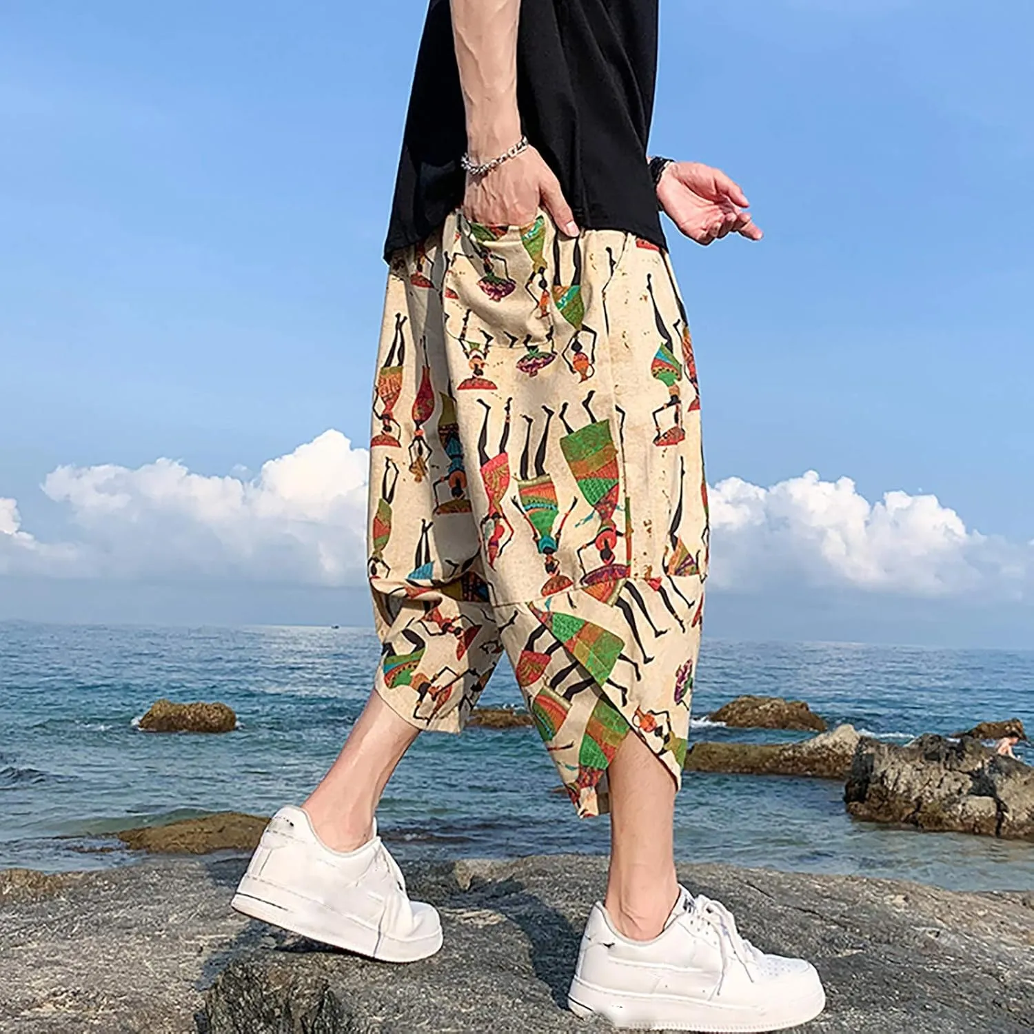 SUWBMHWE Mens Elastic Waist Pants, Men's Cotton-Linen Loose Casual Lightweight Elastic Waist Pants Home Pants
