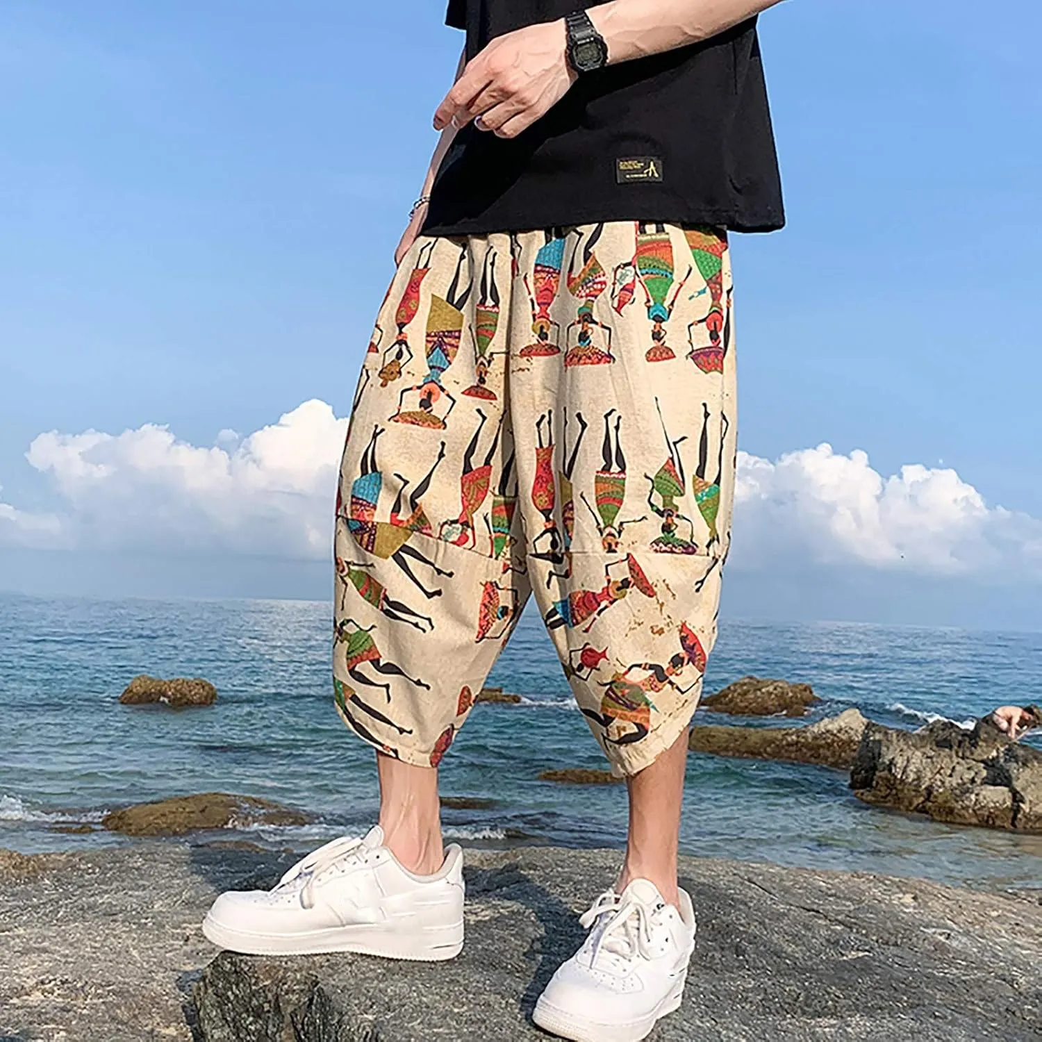 SUWBMHWE Mens Elastic Waist Pants, Men's Cotton-Linen Loose Casual Lightweight Elastic Waist Pants Home Pants