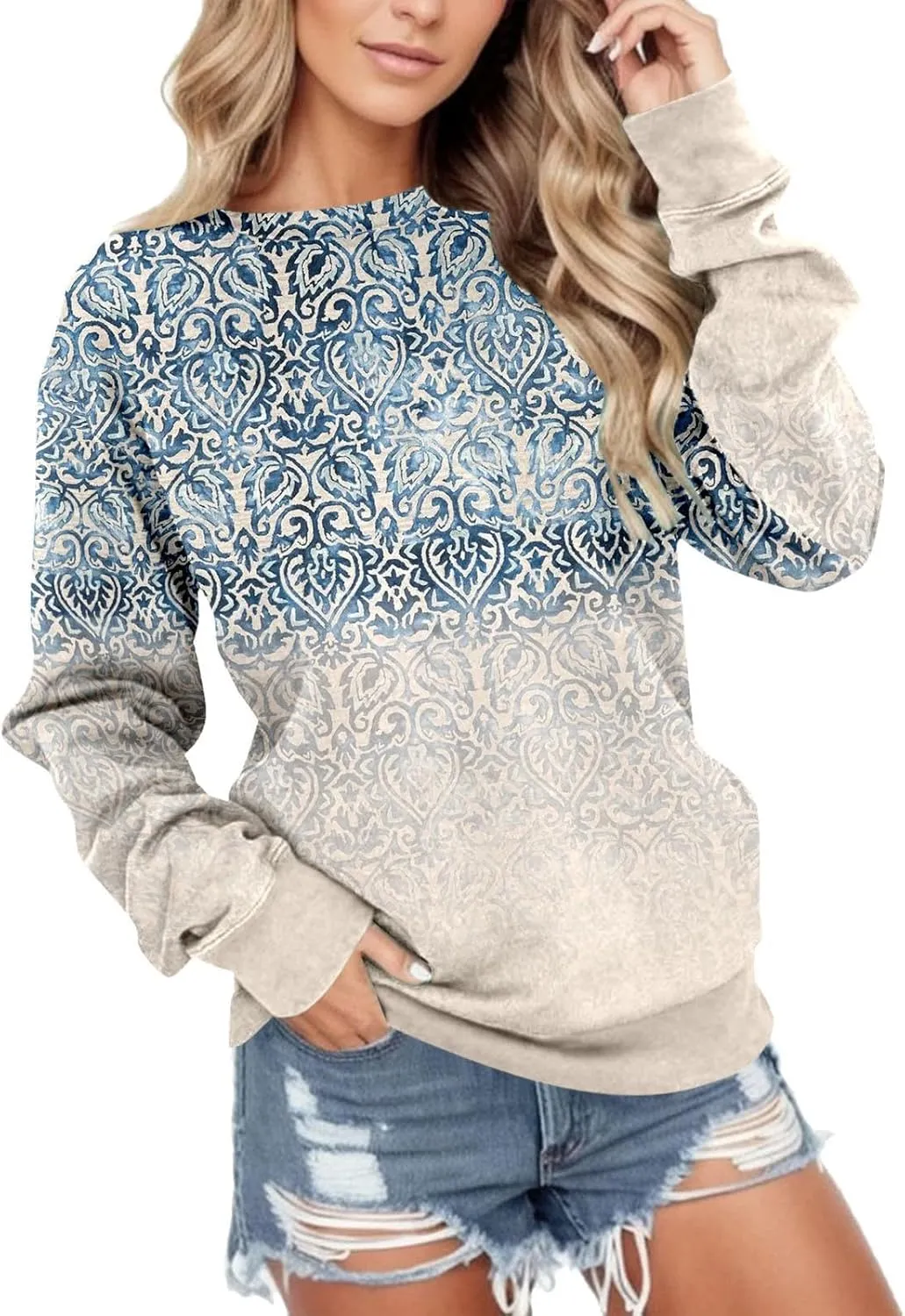 Sweatshirt for Women Crewneck Pullover with Pocket Loose Fit Print Long Sleeve Top Drop Shoulder Jumper Fleece Jersey Graphic