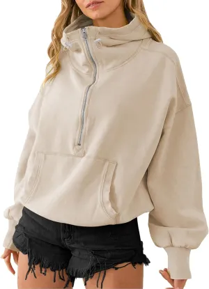 TBA High Neck Hoodies for Women Oversized Half Zip Drawstring Y2K Pullover Sweater Casual Long Sleeve Sweatshirt with Pockets