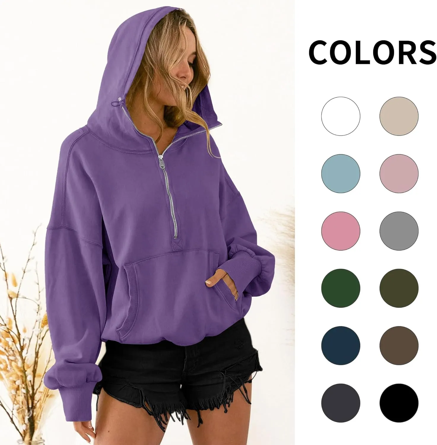 TBA High Neck Hoodies for Women Oversized Half Zip Drawstring Y2K Pullover Sweater Casual Long Sleeve Sweatshirt with Pockets