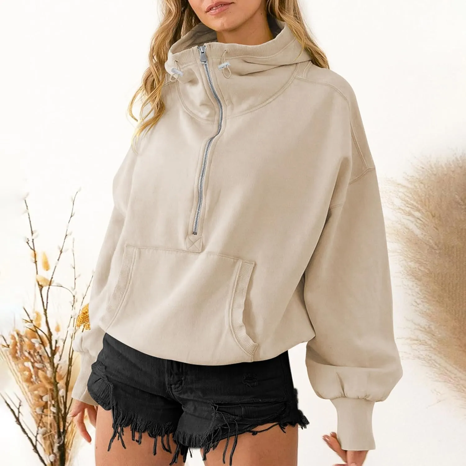 TBA High Neck Hoodies for Women Oversized Half Zip Drawstring Y2K Pullover Sweater Casual Long Sleeve Sweatshirt with Pockets