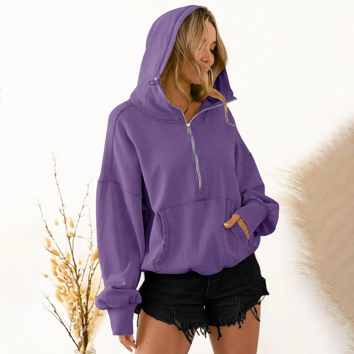 TBA High Neck Hoodies for Women Oversized Half Zip Drawstring Y2K Pullover Sweater Casual Long Sleeve Sweatshirt with Pockets