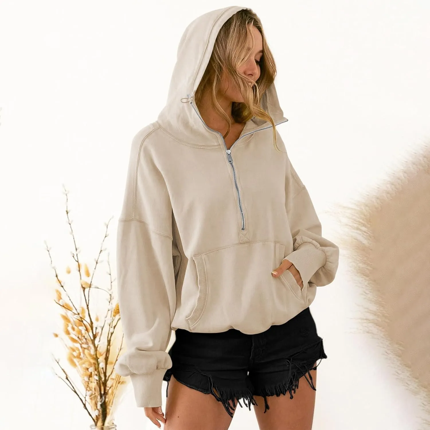 TBA High Neck Hoodies for Women Oversized Half Zip Drawstring Y2K Pullover Sweater Casual Long Sleeve Sweatshirt with Pockets