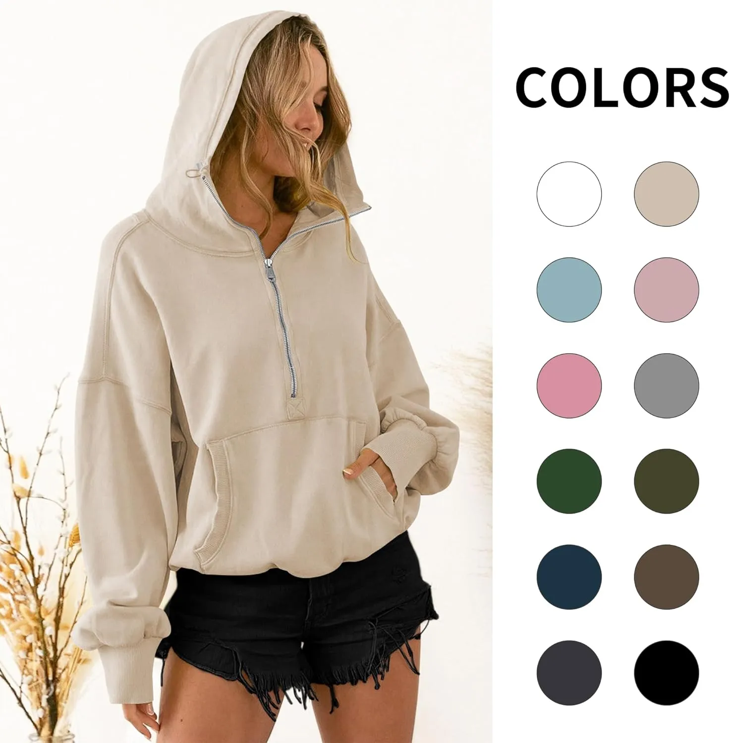 TBA High Neck Hoodies for Women Oversized Half Zip Drawstring Y2K Pullover Sweater Casual Long Sleeve Sweatshirt with Pockets
