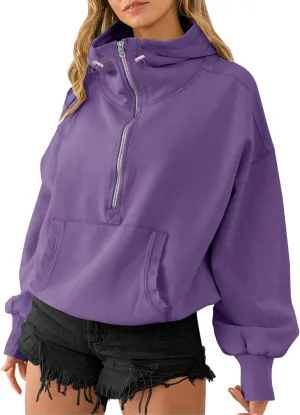 TBA High Neck Hoodies for Women Oversized Half Zip Drawstring Y2K Pullover Sweater Casual Long Sleeve Sweatshirt with Pockets