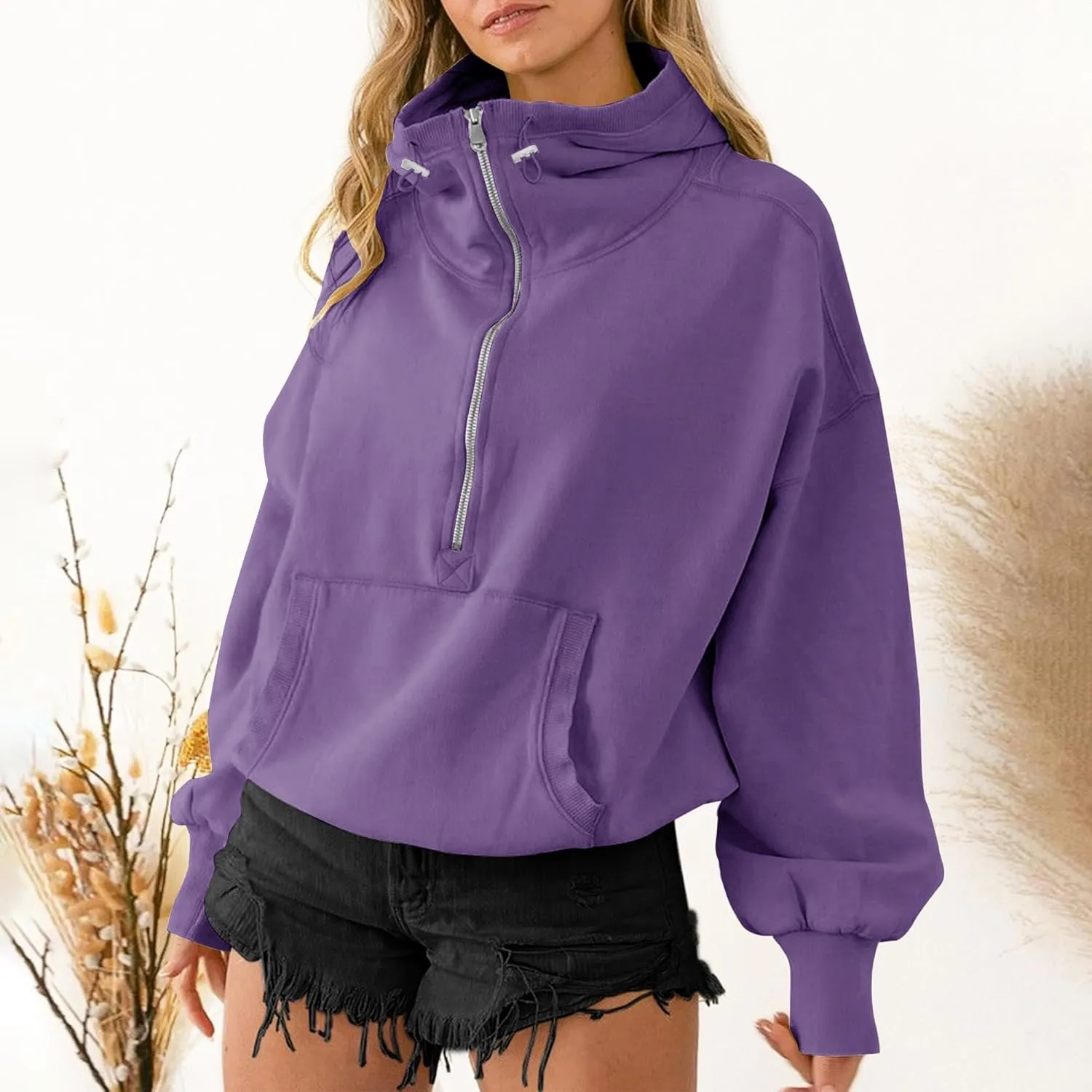 TBA High Neck Hoodies for Women Oversized Half Zip Drawstring Y2K Pullover Sweater Casual Long Sleeve Sweatshirt with Pockets