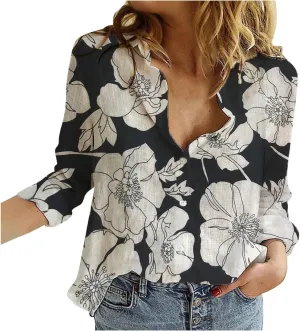 Tops for Women Lapel V Neck Mushroom Print Shirts Summer Cotton Linen Tees Shirts Long Sleeve Button Down Blouses