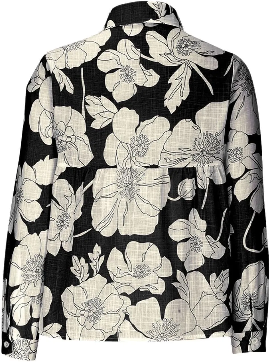 Tops for Women Lapel V Neck Mushroom Print Shirts Summer Cotton Linen Tees Shirts Long Sleeve Button Down Blouses