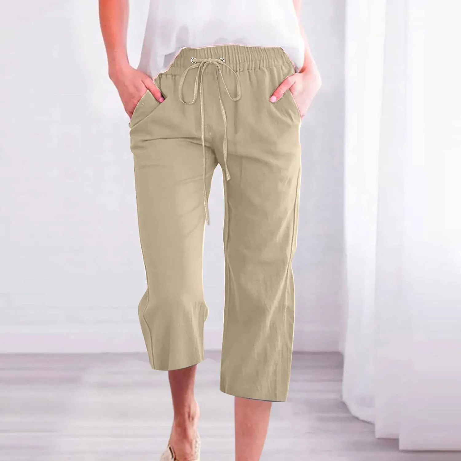 Uillui Capris for Women Casual Summer Cotton Linen Pants Elastic Waist Wide Leg Pants Straight Cropped Trousers Daily Slacks