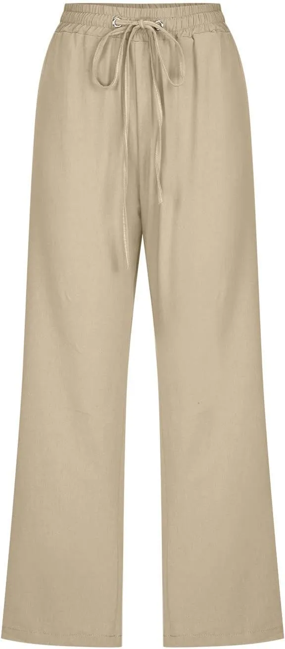 Uillui Capris for Women Casual Summer Cotton Linen Pants Elastic Waist Wide Leg Pants Straight Cropped Trousers Daily Slacks
