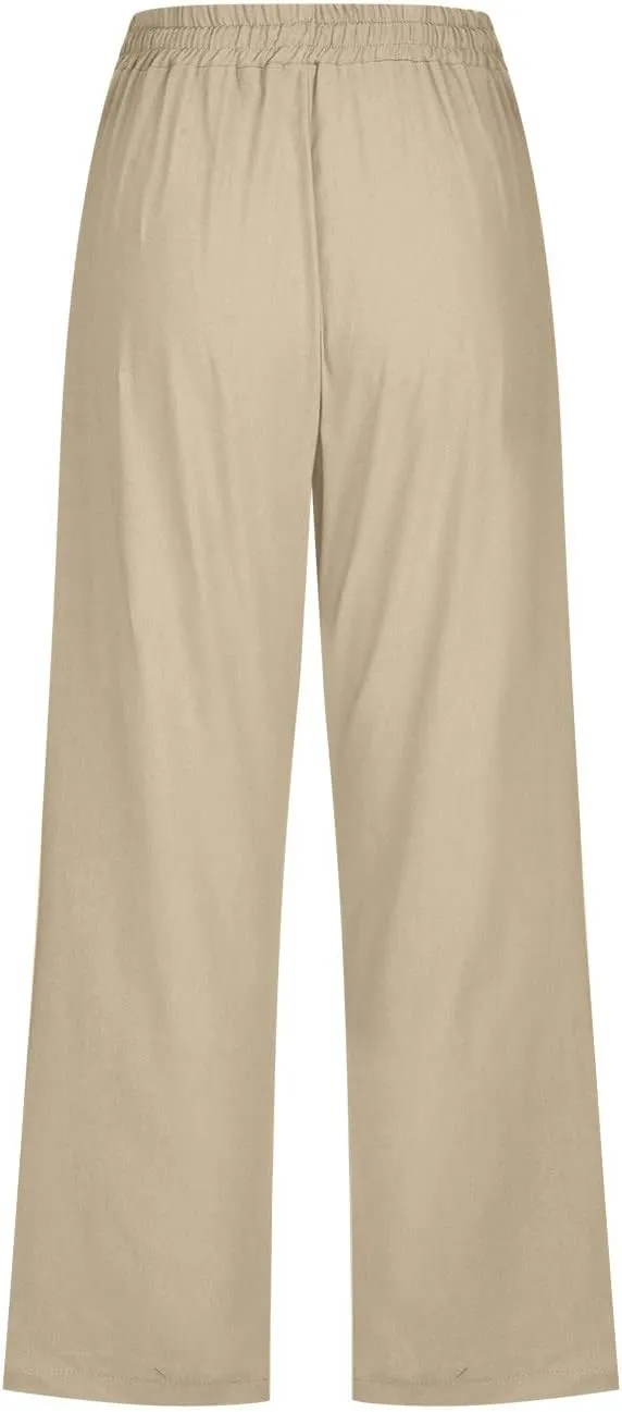 Uillui Capris for Women Casual Summer Cotton Linen Pants Elastic Waist Wide Leg Pants Straight Cropped Trousers Daily Slacks