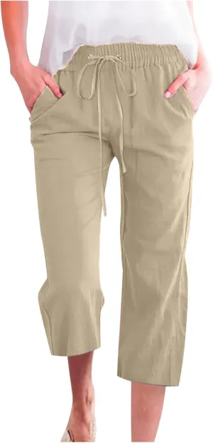 Uillui Capris for Women Casual Summer Cotton Linen Pants Elastic Waist Wide Leg Pants Straight Cropped Trousers Daily Slacks