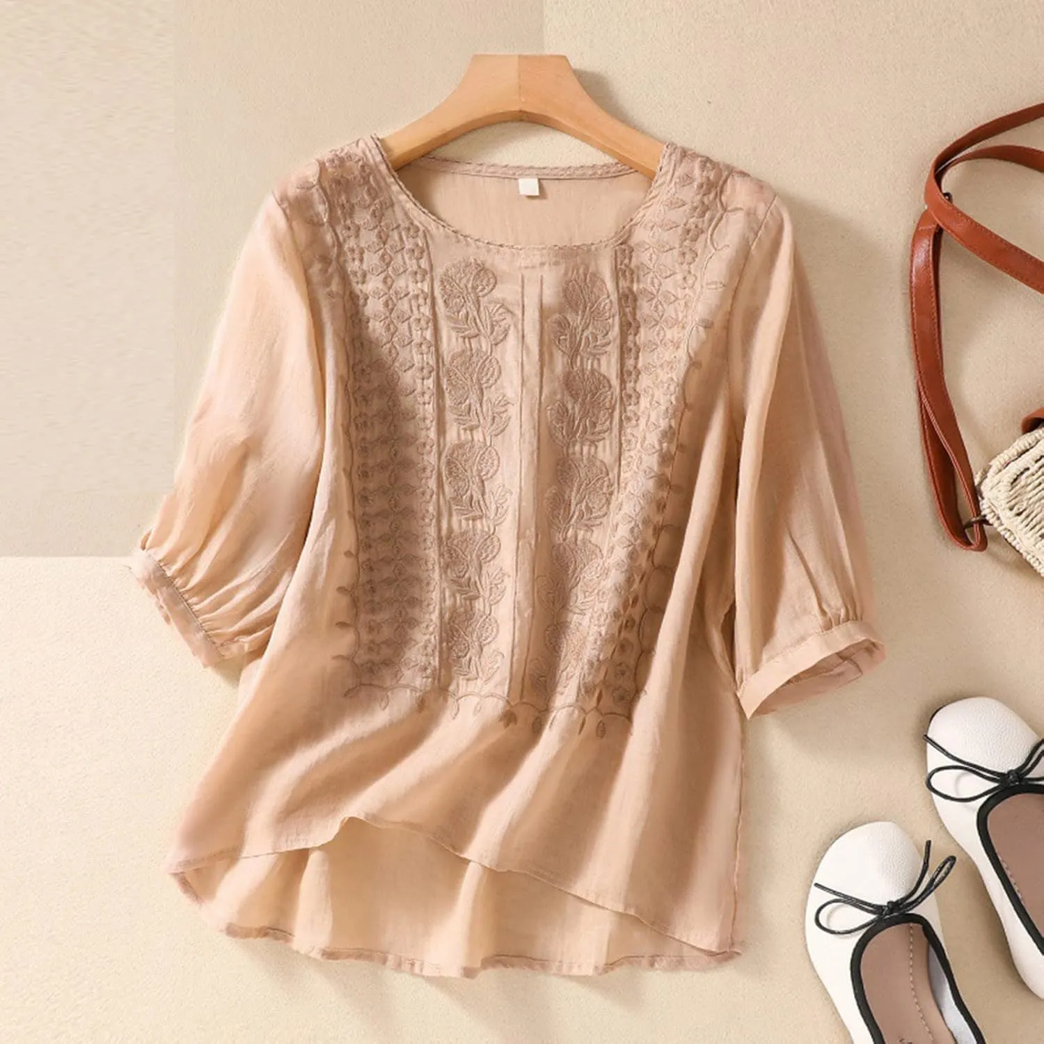 V Neck Linen Tshirts for Women Summer Fall 3/4 Dolman Sleeve Relaxed Fit Long Basic Tee Shirt Tops Women 2025 FN