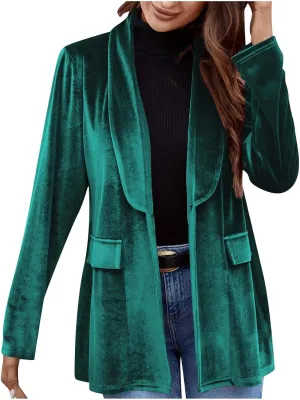 Velvet Blazer Women Fall Dressy Casual Open Front One Button Blazers Retro Velour Long Sleeve Work Office Jacket