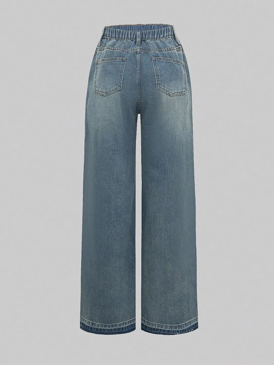 Verdusa Girl's Elastic Waist Casual Jeans Raw Hem Wide Leg Denim Pants Trousers