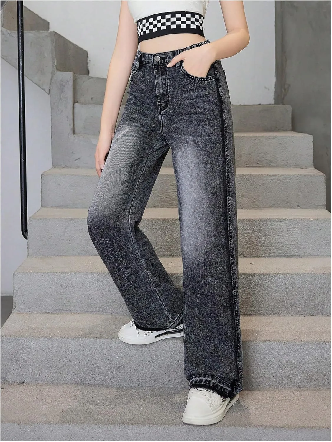 Verdusa Girl's Elastic Waist Casual Jeans Raw Hem Wide Leg Denim Pants Trousers