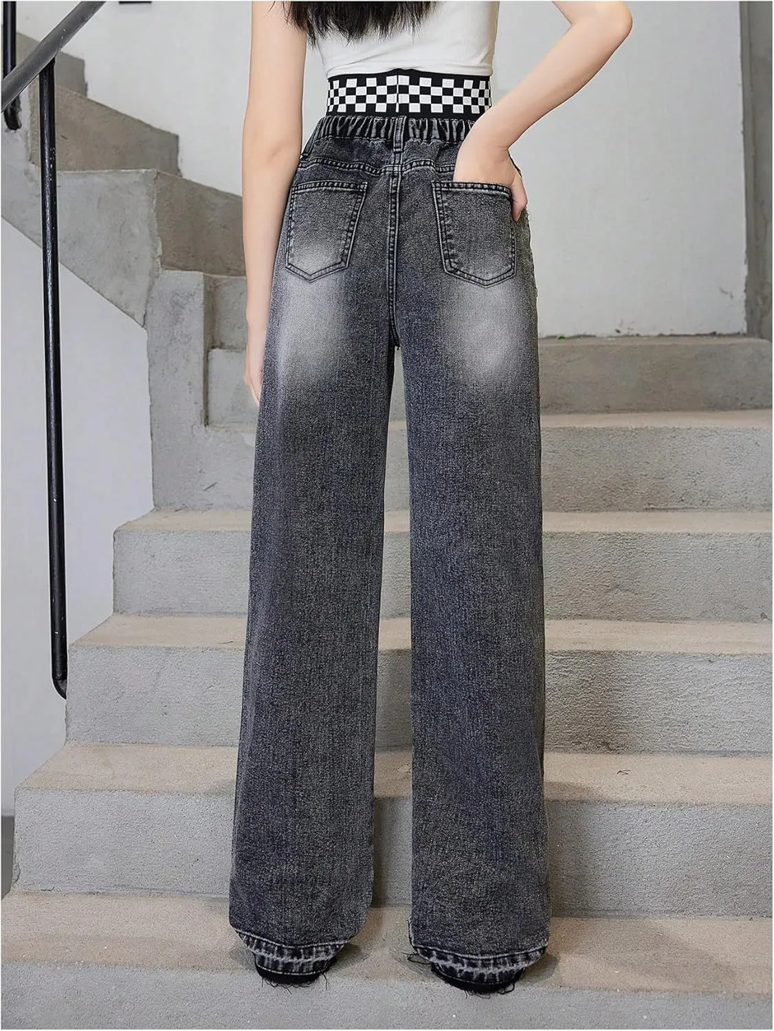 Verdusa Girl's Elastic Waist Casual Jeans Raw Hem Wide Leg Denim Pants Trousers