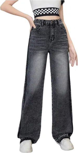 Verdusa Girl's Elastic Waist Casual Jeans Raw Hem Wide Leg Denim Pants Trousers