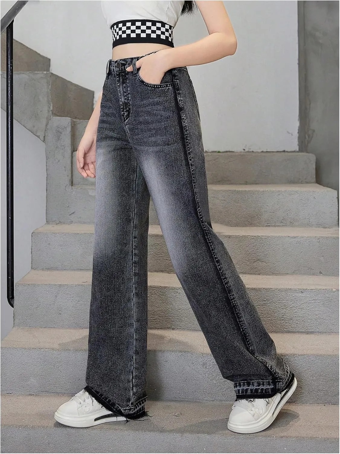 Verdusa Girl's Elastic Waist Casual Jeans Raw Hem Wide Leg Denim Pants Trousers