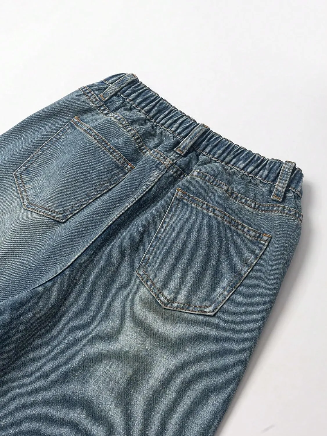 Verdusa Girl's Elastic Waist Casual Jeans Raw Hem Wide Leg Denim Pants Trousers