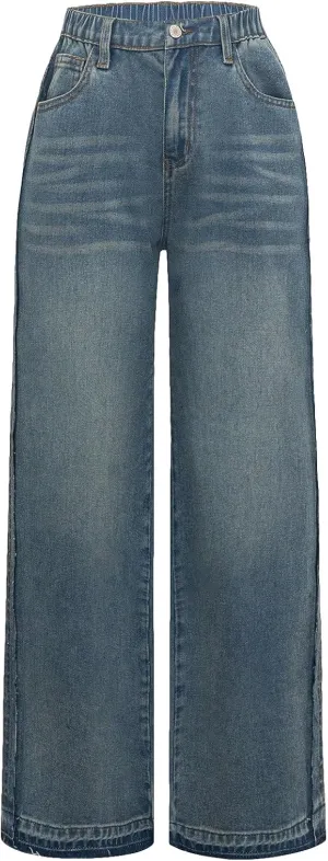 Verdusa Girl's Elastic Waist Casual Jeans Raw Hem Wide Leg Denim Pants Trousers