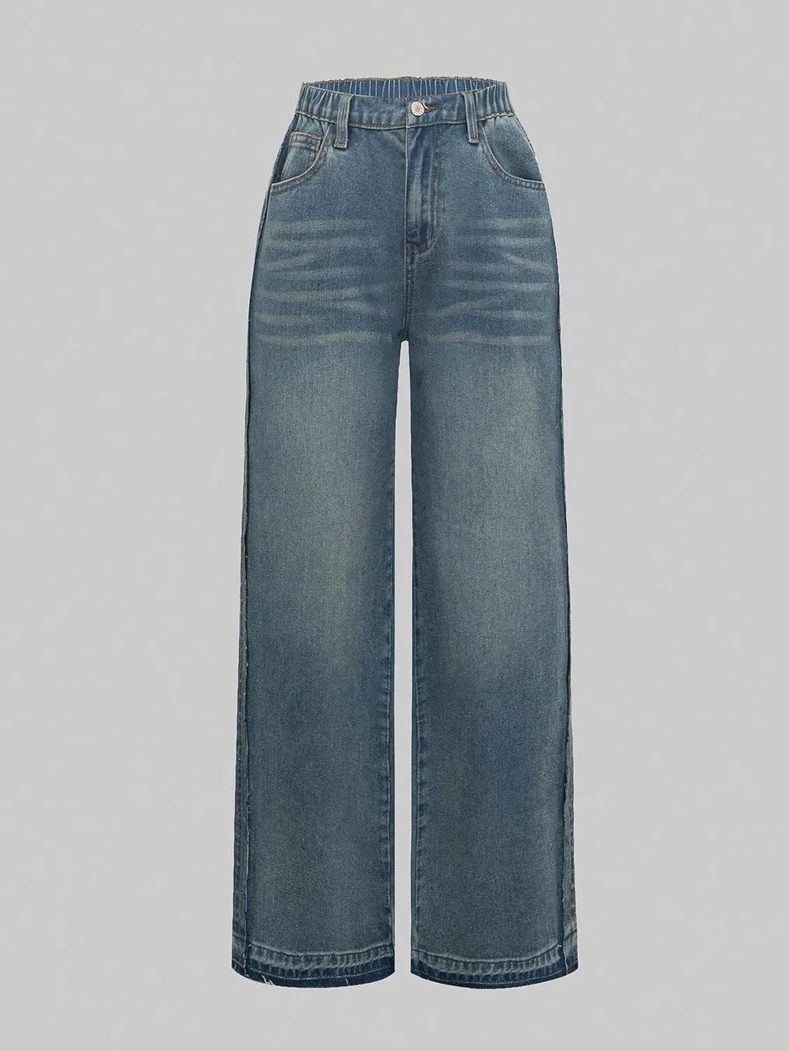 Verdusa Girl's Elastic Waist Casual Jeans Raw Hem Wide Leg Denim Pants Trousers