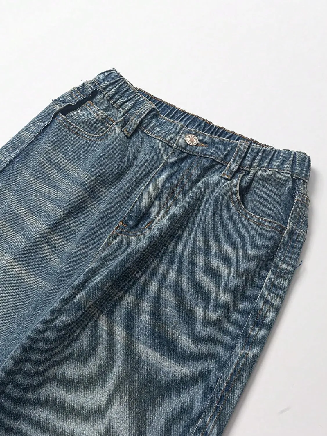 Verdusa Girl's Elastic Waist Casual Jeans Raw Hem Wide Leg Denim Pants Trousers