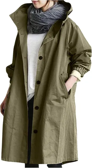 Winter Coats for Women, Casual Plus Size Long Trench Coat Fashion Hood Windbreaker Jackets Button Outerwear with Pockets