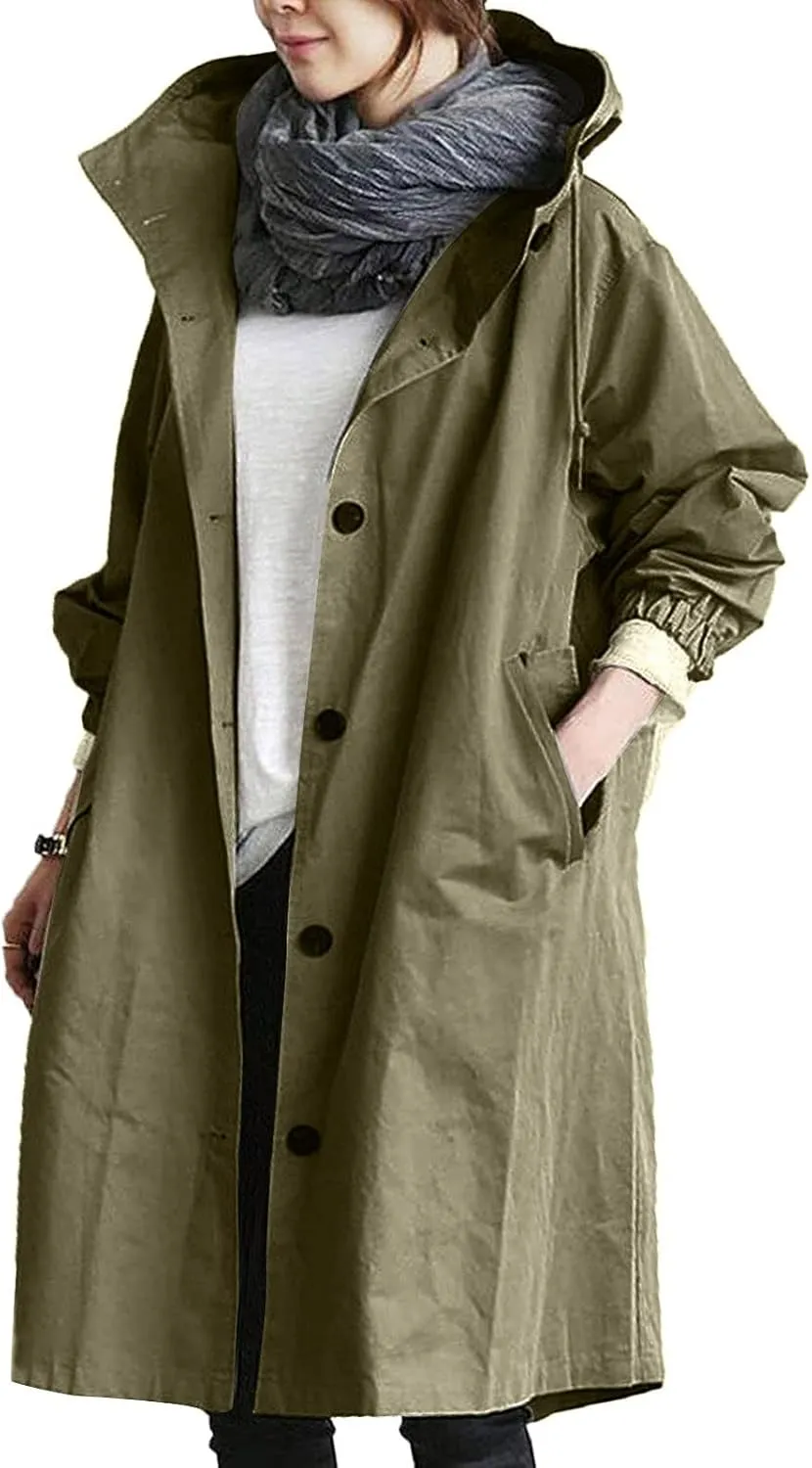 Winter Coats for Women, Casual Plus Size Long Trench Coat Fashion Hood Windbreaker Jackets Button Outerwear with Pockets
